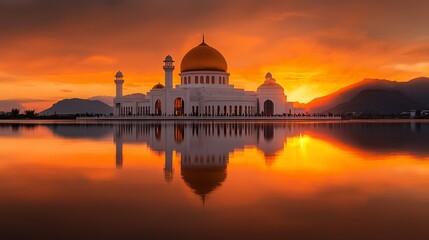 Fototapeta premium Majestic mosque reflected in calm water at sunset.