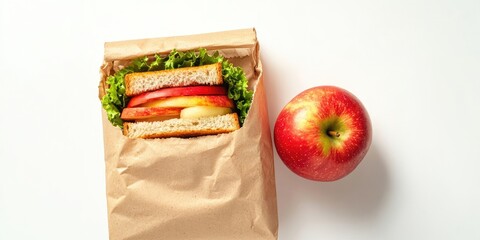Lunch bag with a sandwich featuring lettuce and layered vegetables next to a shiny red apple on a white background, top view composition.
