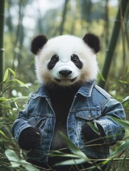 Fototapeta premium Panda wearing denim jacket stands among bamboo in lush forest during daylight hours. Generative AI