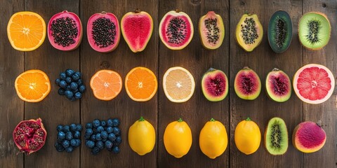 Arrangement of colorful fruits including oranges, lemons, blueberries, and kiwi slices on a rustic wooden table in a flat lay composition