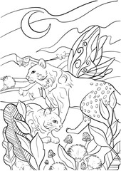 Illustration of two leopard-like creatures with fairy wings in a fantastical environment. Dream, Moon, plants, and mushrooms, creating a magical and serene ambiance.