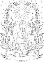 serene woman meditating in a cross-legged position, surrounded by flowing leaves, flowers, celestial elements. Sun and crescent moon. 
