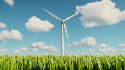 Wind Turbine Surrounded by Lush Green Grass Under Blue Sky