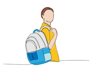 Student with a large backpack, school supplies one line color art. Continuous line drawing of online learning, knowledge, study, school uniform, bag, education.