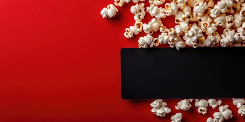 White popcorn scattered around a black letter board on a vibrant red backdrop featuring blank space for text on the right side of the image