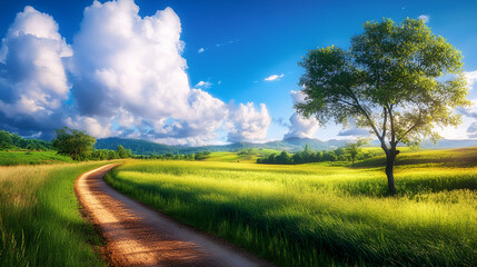 Naklejka premium Serene Country Road Winding Through Lush Green Fields