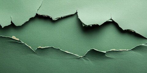 Fototapeta premium Torn green paper with jagged edges in varying shades of green, positioned horizontally, creating a textured, abstract background.