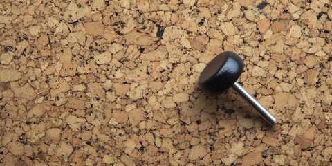 Black thumbtack positioned diagonally on a textured cork background featuring warm beige and brown tones with a focus on texture and detail