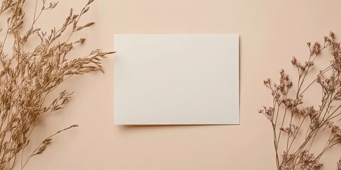 Blank card mockup positioned centrally on a soft beige background, flanked by dried plants in warm brown tones, ideal for elegant invitations.