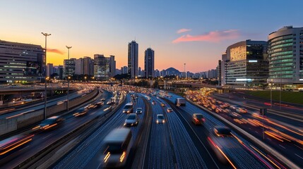 Cityscape, Highway Traffic at Sunset with City Skyline and Mountains in the Background