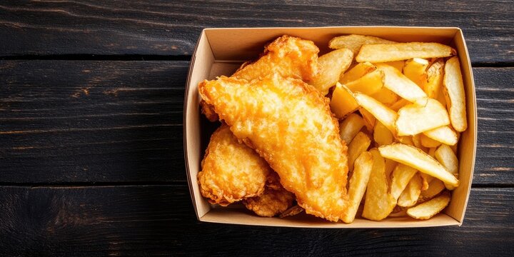 Boxed traditional fried fish and potato chips on rustic wooden background with golden crispy texture, space for text on top left corner - Powered by Adobe