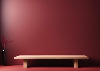 Minimalist Wooden Bench Against a Deep Burgundy Wall Modern Interior Design Mockup