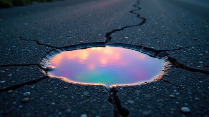 A small puddle of iridescent liquid reflects a vibrant sunset in a cracked asphalt surface, showcasing the beauty of unexpected reflections in ordinary places.