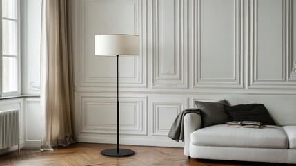 Modern floor lamp with linen shade in minimalist living room.