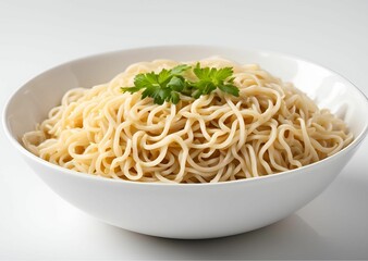 Delicious Plain Noodles in a White Bowl Garnished with Parsley Close Up Food Photography