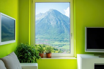 Green interior living room with mountain view through window and indoor plants