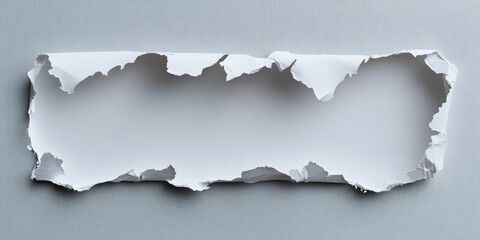 Torn white paper sheet on a soft gray background with uneven edges creating ample central space for text or design elements.