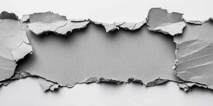 Torn grey cardboard texture with jagged edges on a white background creating a central blank space for text or design applications