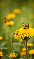 Butterflies on yellow dandelion flowers in a green meadow