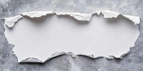 Fototapeta premium Torn white paper sheet centered on a gray textured background with jagged edges creating a space for text or copy above the middle section