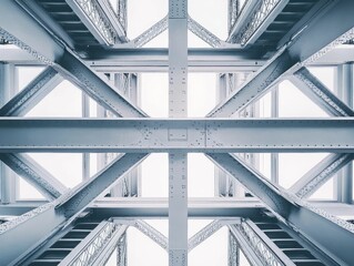 Obraz premium Metal beams form symmetrical, geometric, complex bridge structure.