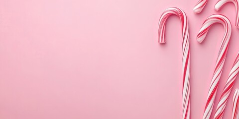 Naklejka premium Colorful striped candy canes positioned diagonally on a smooth pastel pink background creating a festive holiday atmosphere with ample copyspace.
