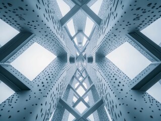 Fototapeta premium Symmetrical metal beams with holes reach toward sky.