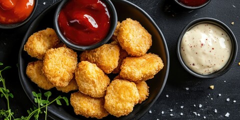 Golden crispy chicken nuggets arranged in a black bowl with red ketchup and white dipping sauce on a dark surface with green herbs scattered
