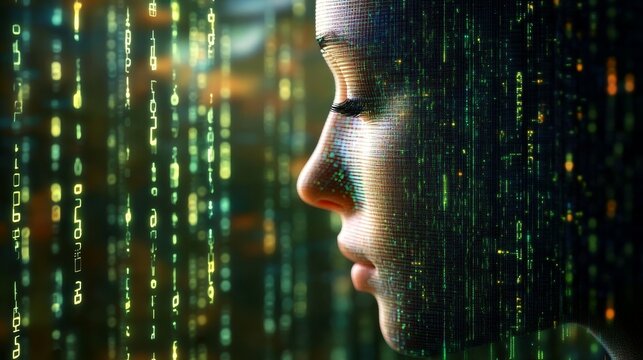 Woman s Face Merging with Flowing Digital Code Technology, Abstract, Future, Concept.