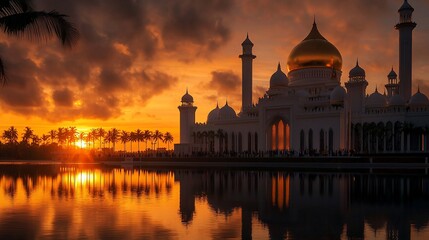 Majestic mosque at sunset, reflected in calm water.