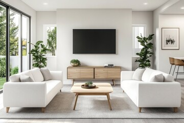 Fototapeta premium Modern living room interior design, sunlight streaming, garden view, minimalist furniture, home staging.
