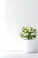 A beautiful white flower pot with delicate blooms in a serene, minimalist room setting. Perfect for interior decoration and enhancing tranquility.
