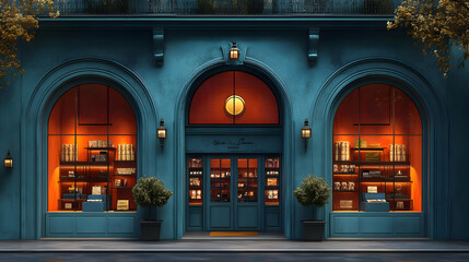 3D Illustration of a Blue Building with Arched Windows and a Door