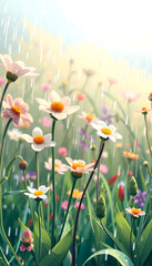 Fototapeta premium Beautiful spring nature background nature with blooming plants in sunny rainy day. Macro shot, hand-drawn digital illustration, with white tones