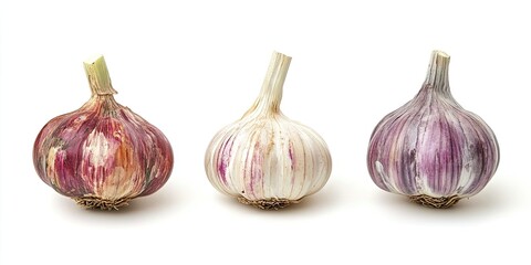 Three colorful garlic bulbs in a row with shades of purple and white on a white background, showcasing fresh organic produce with ample copy space.