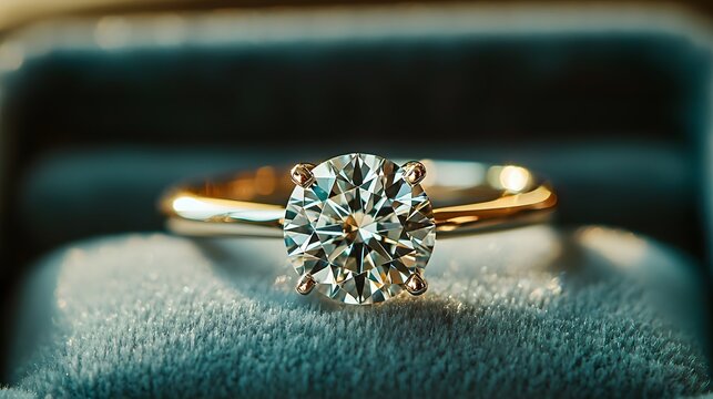 Elegant round-cut gemstone on a golden band in soft velvet setting. Generative AI