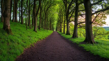 Fototapeta premium Serene Pathway Through Lush Green Forest Under Bright Canopy