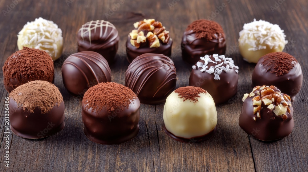 Poster assorted chocolate truffles arranged on a rustic wooden surface for a delightful dessert experience.