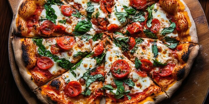 Rustic pizza with fresh tomatoes and spinach arranged in a circular pattern on a wooden board showcasing vibrant reds and greens.