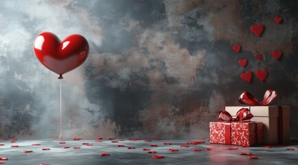 Romantic Valentine's Day Still Life: A large red heart-shaped balloon floats elegantly beside beautifully wrapped gifts scattered with red confetti against a textured gray backdrop.