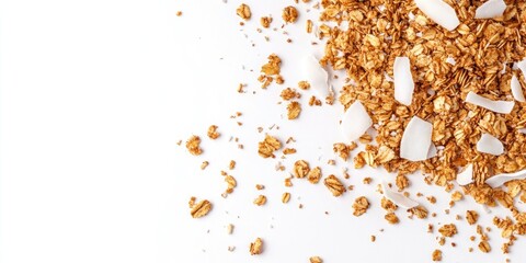 Granola and coconut flakes scattered on a white background with ample negative space for text elements creating a clean minimalist aesthetic