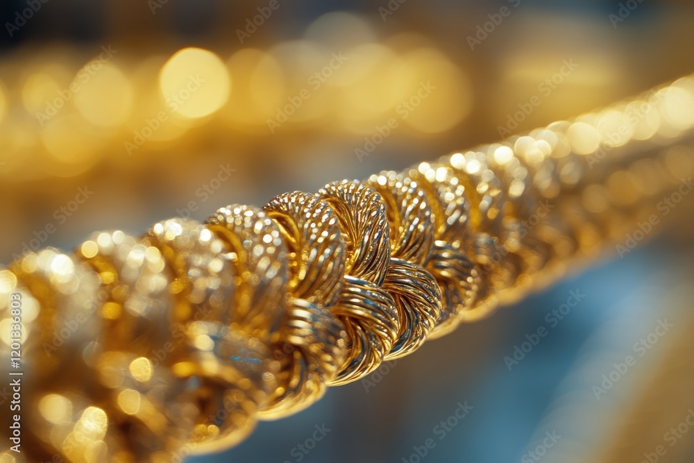 Poster golden braided chain with shimmering reflections in a soft-focus background