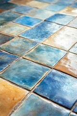 Blue, tan, and off-white ceramic tiles form a pattern.