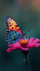 Fototapeta premium Colorful butterfly perched on pink flower in warm sunlight during golden hour