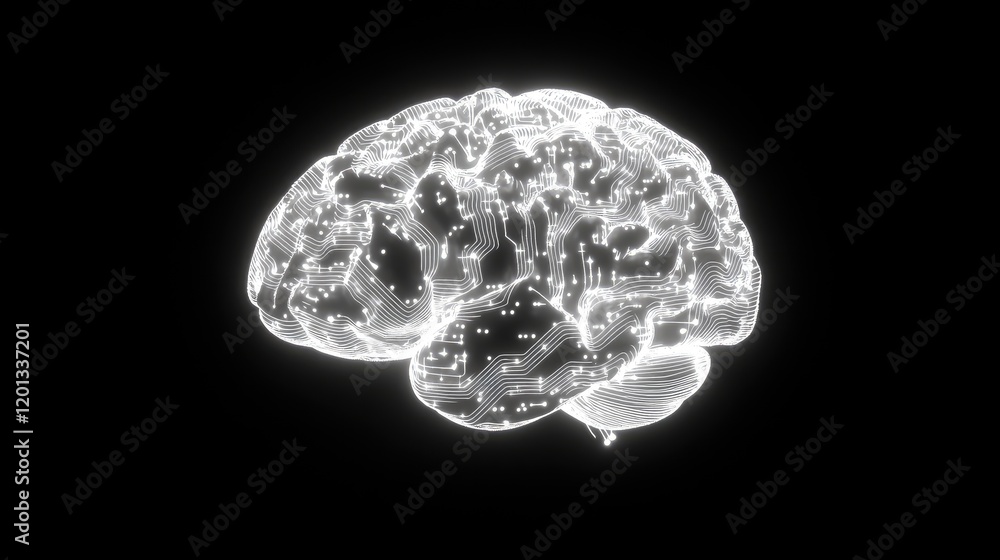 Poster digital brain circuitry illuminated in darkness