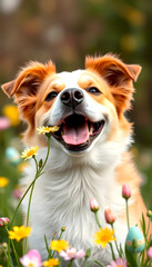 Happy cute smiling dog face smelling, eating easter flower in spring, 8k, with white tones