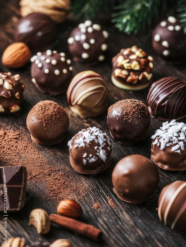 Poster assorted chocolate truffles on a wooden surface with nuts and spices in a festive atmosphere. genera