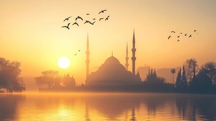 Obraz premium Majestic Mosque Sunrise Over Calm Water Birds Flying