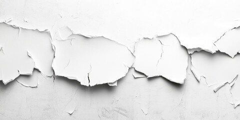 Fototapeta premium Torn white poster texture with jagged edges on a smooth gray wall creating an abstract background with subtle depth and shadow effects.