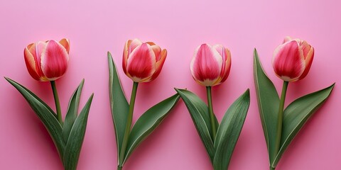 Fototapeta premium Top view of four pink tulip flowers with yellow edges arranged symmetrically on a soft pink background symbolizing love and Valentine's Day